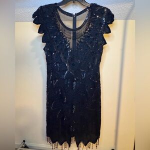 Vintage LAURENCE KAZAR Embellished Beaded Fringe Hem w/ Sequin 100% Silk Dress